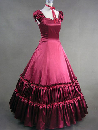 Costume Holloween Vestito da Lolita rosso classico in satin multistrato con collo a cuore Halloween