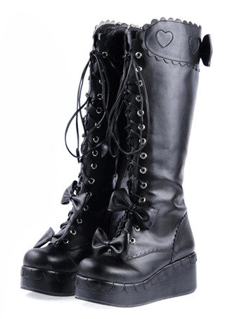 Dolce nera anteriore in pelle Lace Up Bow Lolita Boots