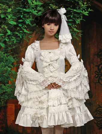Lolitashow Pure White Lolita One-piece Dress Long Hime Sleeves Lace Trim Bows
