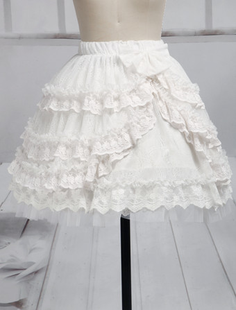 Lolitashow Pure White Lace Lolita Short Skirt Lace Trim Ruffles