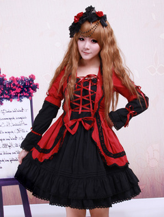 Lolitashow Red Black Cotton Lolita OP Dress Long Sleeves Lace Up Design Layers