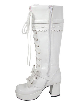ロリータブーツ　チャンキーヒール　ホワイト　PU　ミッドカーフ(筒丈15～34cm)　丸いつま先　