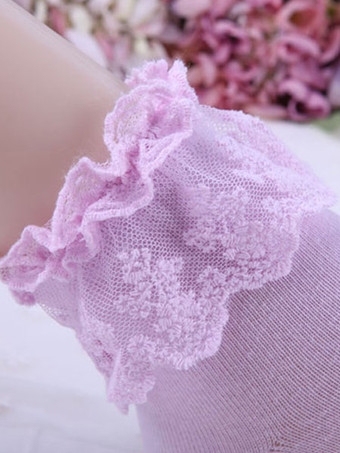 ロリータ靴下，ブルー　単色　ラッセルレース　コスプレ　可愛い