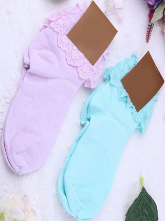 ロリータ靴下，ブルー　単色　ラッセルレース　コスプレ　可愛い