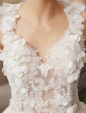 Robe de mariée courte robe de mariage tissu de pailletes décoré des fleur col v dos nu au genou