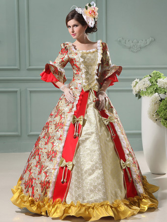 Vestido de baile vestido vitoriano vestido de baile floral rococó com babados arcos vermelho real vintage vestido de halloween