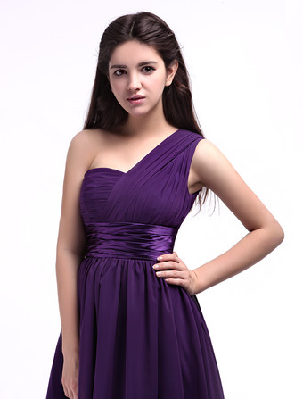 ブライズメイドドレス Aライン フォーマルドレス ラベンダー 格安ブライズメイドドレス シフォン ワンショルダー 結婚式 お呼ばれ 二次会 ショート丈／ミニ丈 エンパイアライン 演奏会 ファスナー ウェディングパーティードレス ウェディング