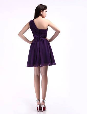 ブライズメイドドレス Aライン フォーマルドレス ラベンダー 格安ブライズメイドドレス シフォン ワンショルダー 結婚式 お呼ばれ 二次会 ショート丈／ミニ丈 エンパイアライン 演奏会 ファスナー ウェディングパーティードレス ウェディング