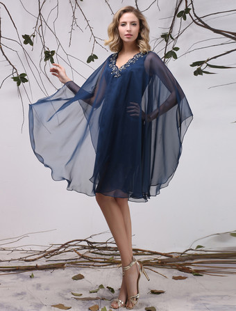 結婚式 母親ドレス Aライン ミセスドレス フォーマル ダークネイビー ウェディングパーティードレス Vネック シフォン お呼ばれ 謝恩会 成人式 二次会 ひざ丈 結婚式のお呼ばれドレス ファスナー アップリケ ウェディング