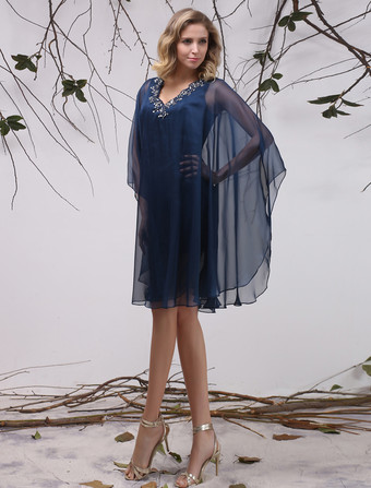 結婚式 母親ドレス Aライン ミセスドレス フォーマル ダークネイビー ウェディングパーティードレス Vネック シフォン お呼ばれ 謝恩会 成人式 二次会 ひざ丈 結婚式のお呼ばれドレス ファスナー アップリケ ウェディング