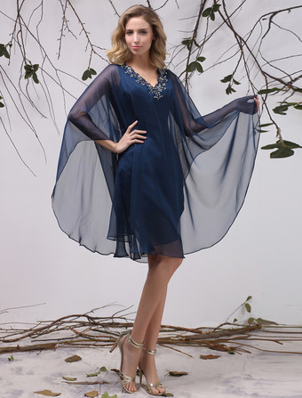 結婚式 母親ドレス Aライン ミセスドレス フォーマル ダークネイビー ウェディングパーティードレス Vネック シフォン お呼ばれ 謝恩会 成人式 二次会 ひざ丈 結婚式のお呼ばれドレス ファスナー アップリケ ウェディング