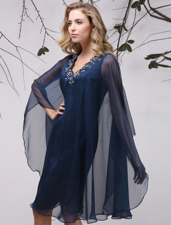 結婚式 母親ドレス Aライン ミセスドレス フォーマル ダークネイビー ウェディングパーティードレス Vネック シフォン お呼ばれ 謝恩会 成人式 二次会 ひざ丈 結婚式のお呼ばれドレス ファスナー アップリケ ウェディング