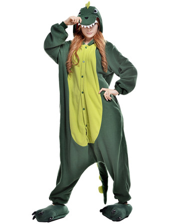 Kigurumi Pajama Dinossauro Onesie Para Vedação De Lã Flanela Traje De Animal Verde Halloween