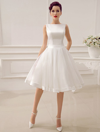 Kurz Hochzeitskleid 2025 Vintage Brautkleid 1950’s Bateau Ärmellos Reception Brautkleid Milanoo