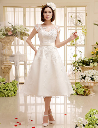Short Wedding Dress Ivory Lace Up Vintage A Line Tea Length Bridal Dress Free Customization