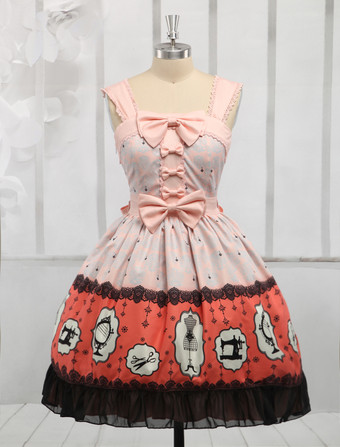 Lolitashow The Tailor Silhouette Print Pink Straps Neck Bow Lolita Jumper Skirt