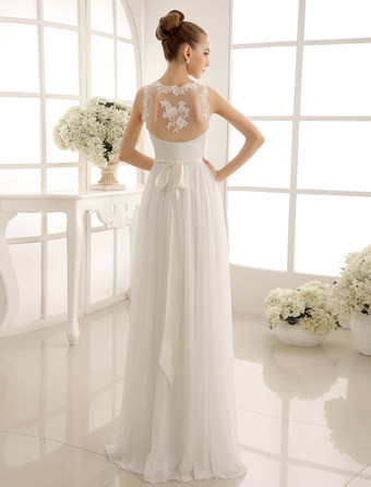 ウェディング ドレス　アイボリー 　Aライン　Vネック　ノースリーブ　フロアレングス　シフォン　レース　スパンコール Milanoo