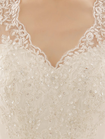 ウェディング ドレス　アイボリー 　Aライン　Vネック　ノースリーブ　フロアレングス　シフォン　レース　スパンコール Milanoo