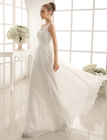 ウェディング ドレス　アイボリー 　Aライン　Vネック　ノースリーブ　フロアレングス　シフォン　レース　スパンコール Milanoo