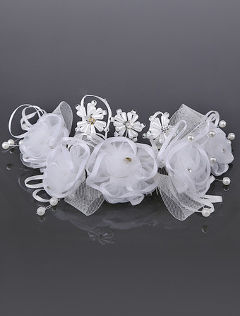 アクセサリー　チュール　ホワイト　模造真珠　ラインストーン　ウエディング　結婚式