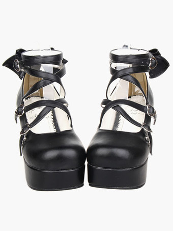 Lolitashow Black Platform Chunky Heels Lolita Shoes PU Ankle Straps Bow Decor Round Toe