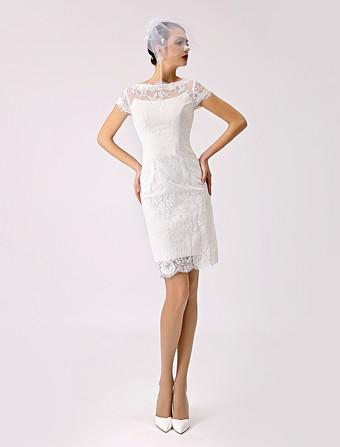 Short Simple Wedding Dress Lace Illusion Short Sleeve Sheath