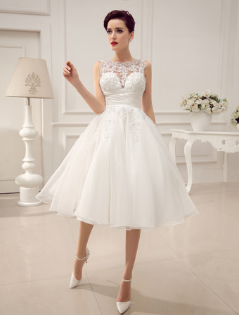99Gown Wedding Dresses V-Neck Bridal Gowns Simple A-Line Tea Length Wedding Dress Bride Short W20033
