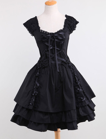Gothic Lolita Kleid OP Schwarzer eckiger Ausschnitt Kurzarm Rüschen Tiered Lolita Einteiliges Kleid