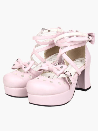 Calçados doce e rosa Chunky High Heel AnkleStraps Borboleta Alta Plataforma PU Lolita