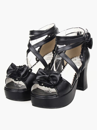 ブラック　ロリィタサンダル　PU　チャンキーヒール　アンクルストラップ　リボン