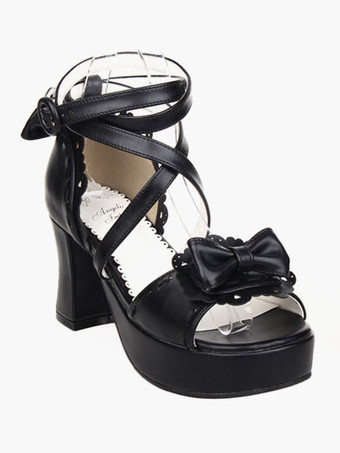 ブラック　ロリィタサンダル　PU　チャンキーヒール　アンクルストラップ　リボン