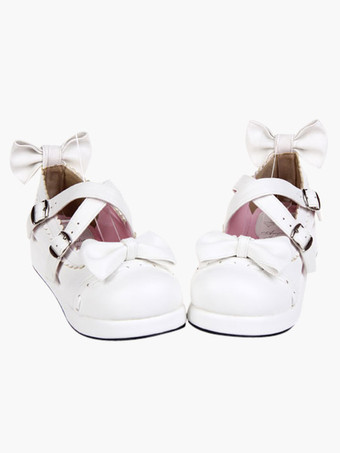 Lolitashow Sweet White Lolita Flats Shoes Platform Bow Decor with Trim