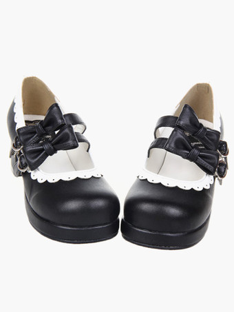 Arcs de chaussures talons carrés Chunky Sweet Lolita garniture ronde Toe Déguisements Halloween
