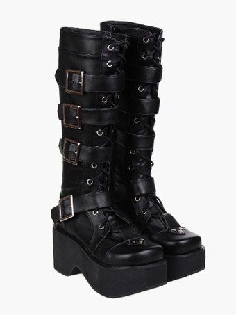 ゴシック　ブラック　ロリィタブーツ　プラットフォーム　丸いつま先