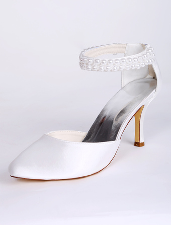 Sapatos De Casamento 2024 Branco Cetim Apontou Dedo Do Pé Pérolas Detalhe Tornozelo Cinta Sapatos De Noiva De Cetim De Salto Alto