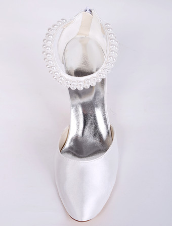 ホワイトウェディングシューズ　2025　サテン　ポインテッドトゥ　パール　アンクルストラップ　ブライダルシューズ　サテン　ハイヒール