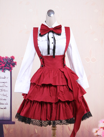 Lolitashow Hübsches Lolita Outfit aus Baumwolle in Rot