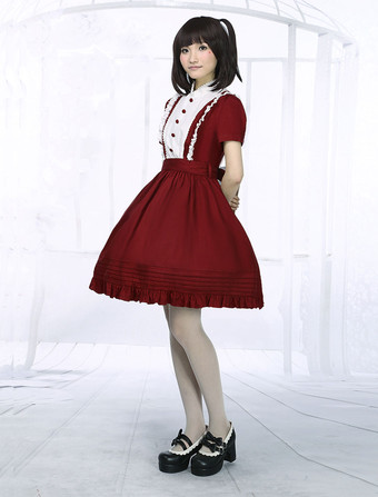 Lolitashow Dark Red Cotton Lolita One-piece Dress Short Sleeves Stand Collar Waist Belt