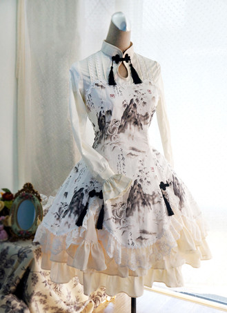 Qi Lolita Dress Incense Landscape And Dragon Printed OP Lolita One Piece Dress