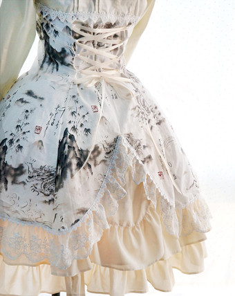 ロリータワンピース　2025　景色と竜プリントOP　ロリータワンピースワンピース　アイドル衣装