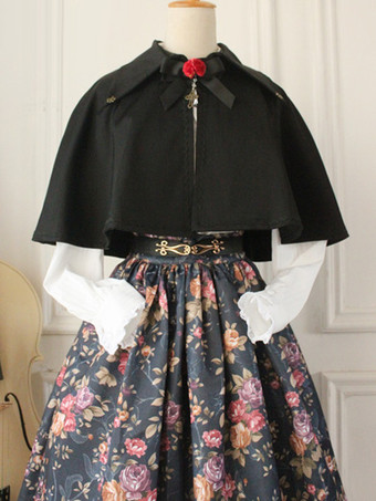 ブラック ゴスロリ　ロリータケープ　ロリィタポンチョ　マント　クラシック　ゴシック　クラシカル　クラロリ　パンク　コットン　お茶会