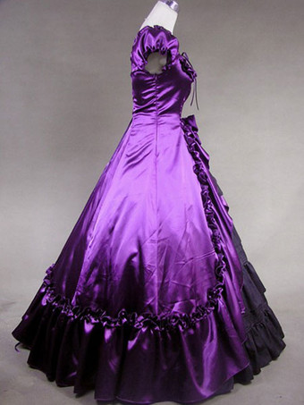 プリンセス プラスサイズ 女性用 貴族ドレス 中世 ドレス パープル 半袖 サテンファブリック 祝日 ドレス ヴィクトリア風 中世 ドレス・貴族ドレス ヨーロッパ 宮廷風 レトロ