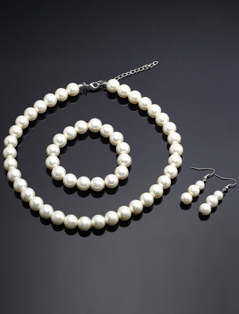 ジュエリーセット　ネックレス&耳飾り&ブレスレット　アイボリー　合金　ラウンドブリリアントカット　模造真珠　