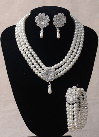 Mariage bijoux strass Set boucle d’oreille perle collier et Bracelet (boucle d’oreille : 5.3 Cm X 3 Cm X 0 5 Cm)