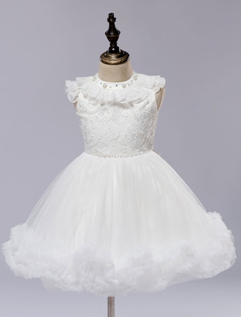 Robes cortège enfant blanc Satin robe courte Pageant Princess avec appliques de dentelle