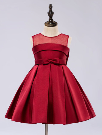 バーガンディー結婚式 子供ドレス フラワーガール 子供用フォーマルドレス ラウンドネック ウェディングパーティードレス チュール 格安フラワーガールドレス ノースリーブ ホワイト プリンセスライン 発表会 キッズ フォーマル ウェディング ひざ丈 ファスナー リボン