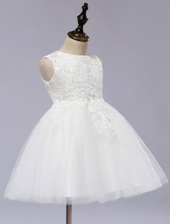 Robe cérémonie fille col rond brodée en tulle robe de fille de fleur