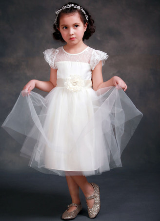 Princesa Formal vestido vestido bola vestido ilusión cuello manga corta de niña de flor de Satén chica