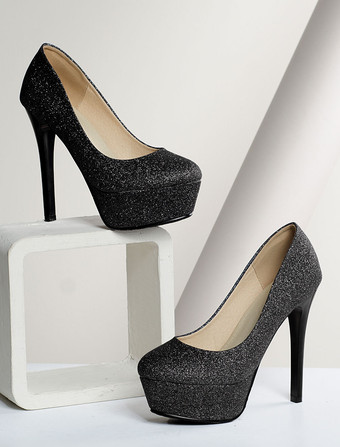 パンプス 厚底 プラットフォーム ブラック ピンヒール ラウンドトゥ グリッター シューズ 13cm シンプル 無地 パーティー キャバ イベント フォーマル オフィス スリップオン レディース靴