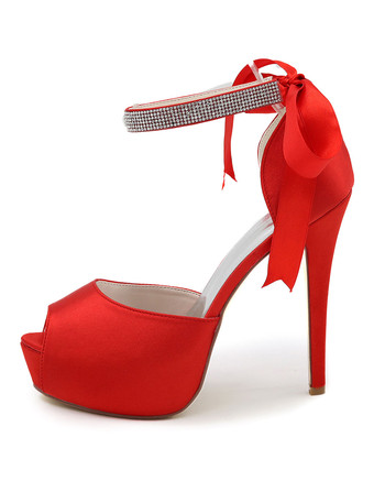 ピープ　ウェディングシューズ　2025　プラットフォームサンダル　レディースハイヒール　アンクルストラップ　ラインストーン　サテン　ブライダルシューズ